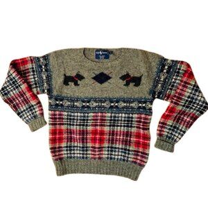 Ralph Lauren Vintage Scottie Dog Plaid Wool Fair Isle Hand Knit Sweater Large